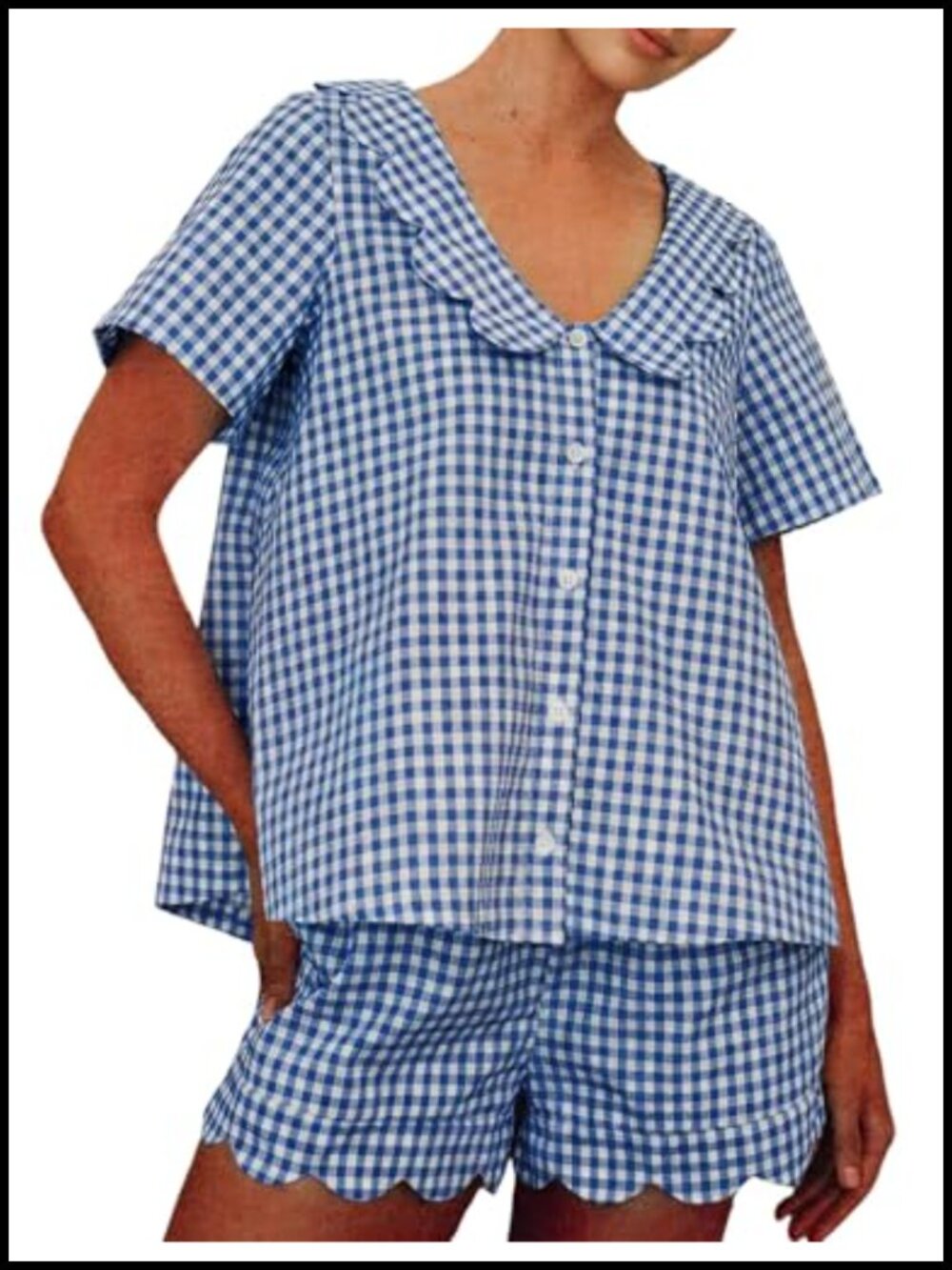 Womens 100% Cotton Gingham Pajama Set Short Sleeve Shorts 2 Piece